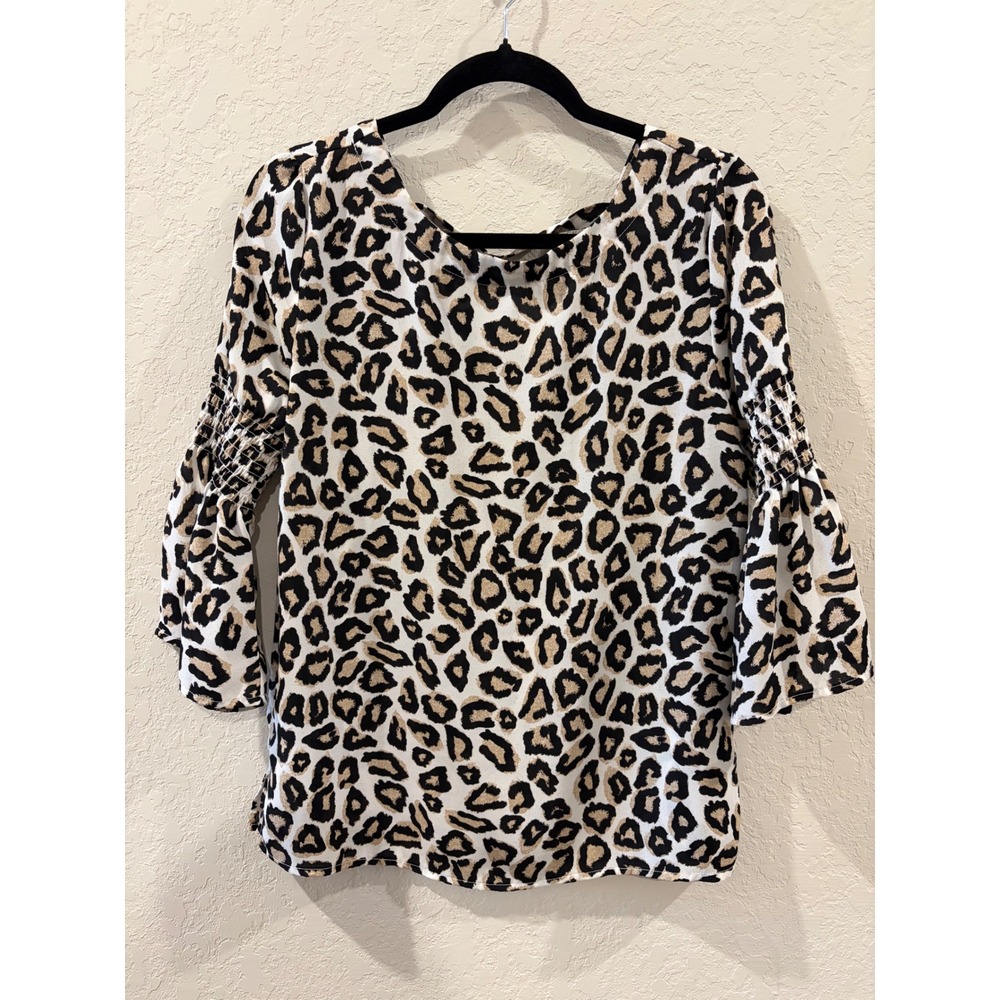 Como Blu Leopard Print Bell Sleeve Blouse Tan Black Small